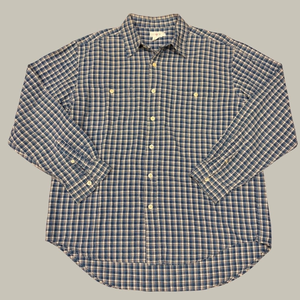 Vintage J.Crew Mens Large Plaid Flannel Shirt Blue Cotton Made in Hong Kong 90s